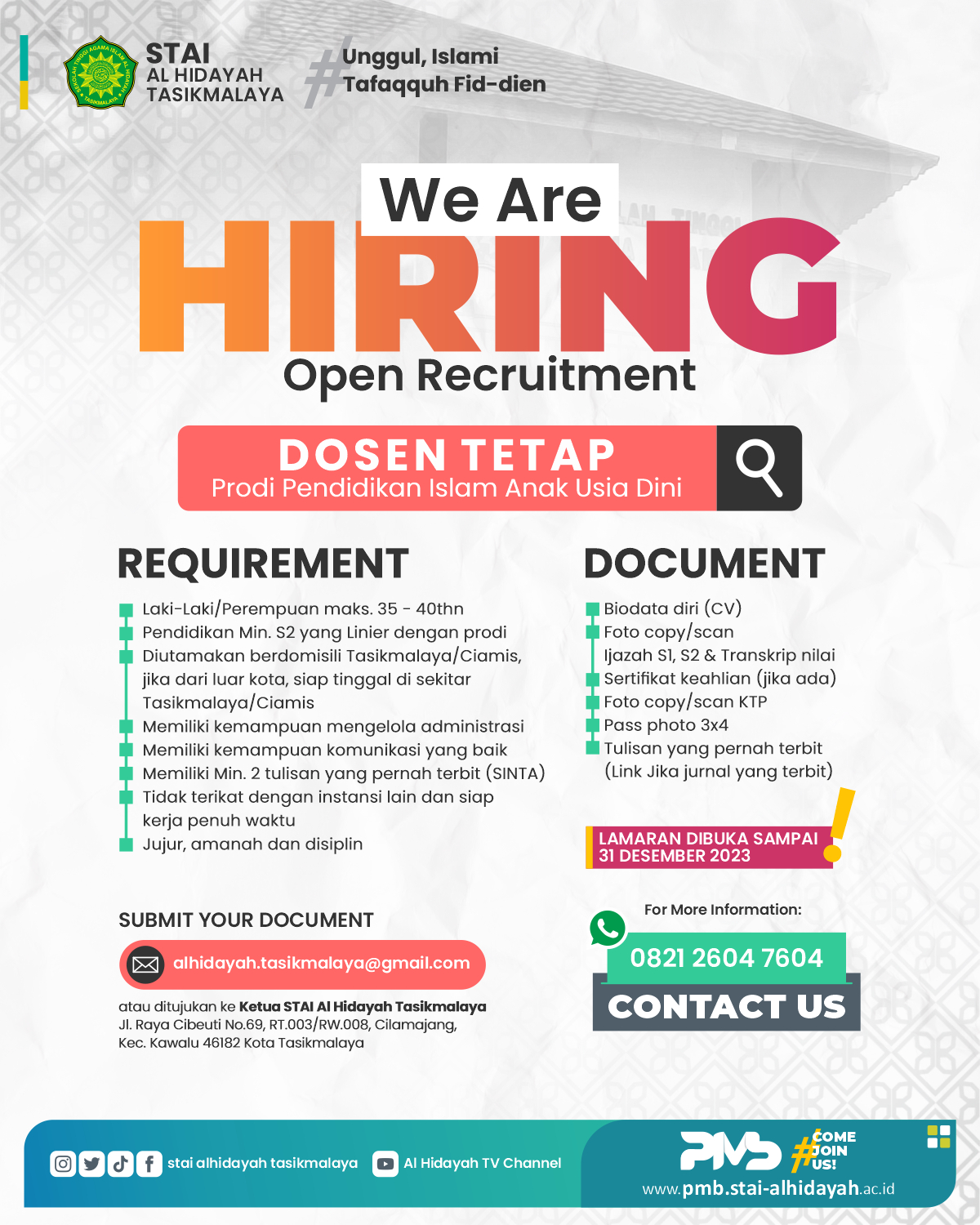 lowongan dosen tetap prodi PIAUD